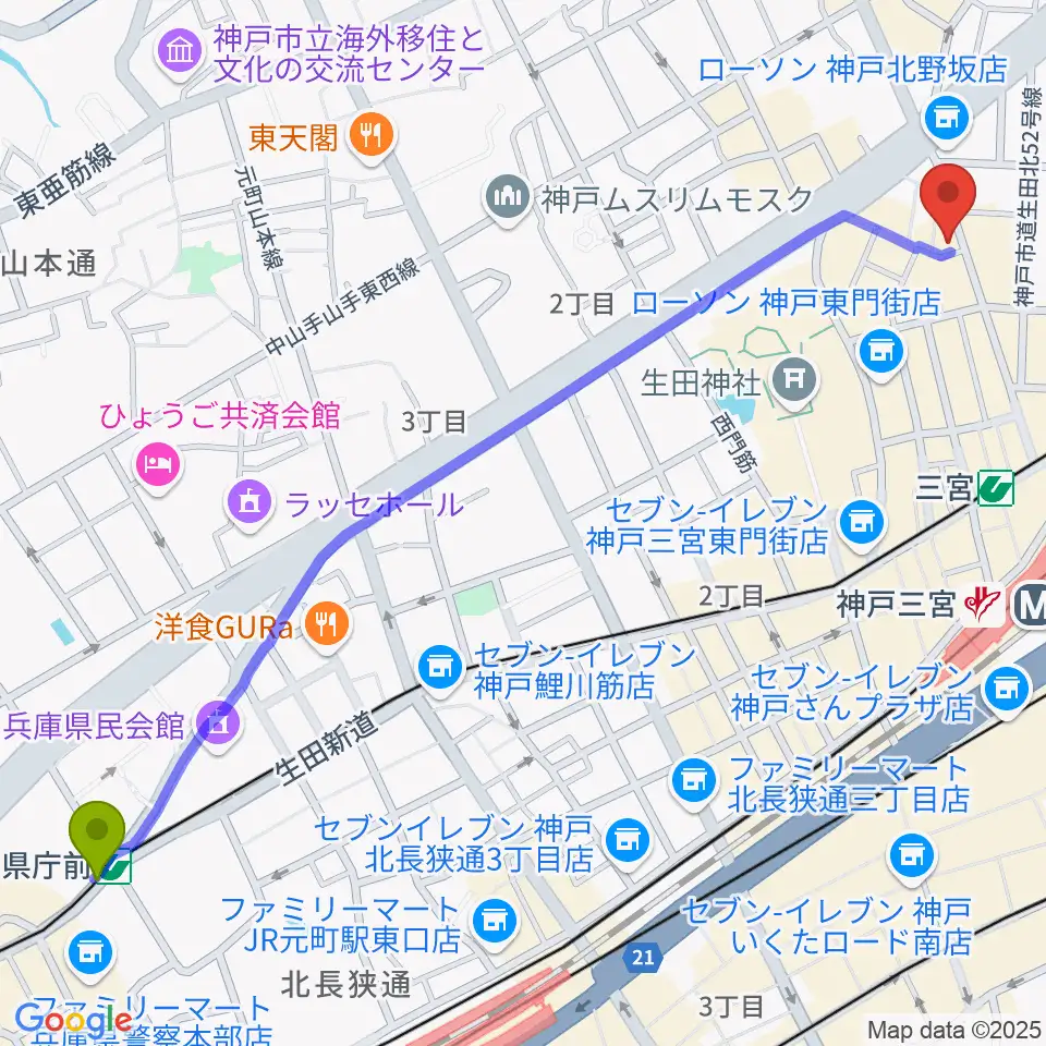 県庁前駅から神戸DAY by DAYへのルートマップ地図