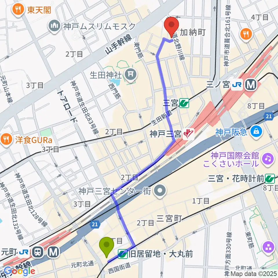 旧居留地・大丸前駅から神戸DAY by DAYへのルートマップ地図