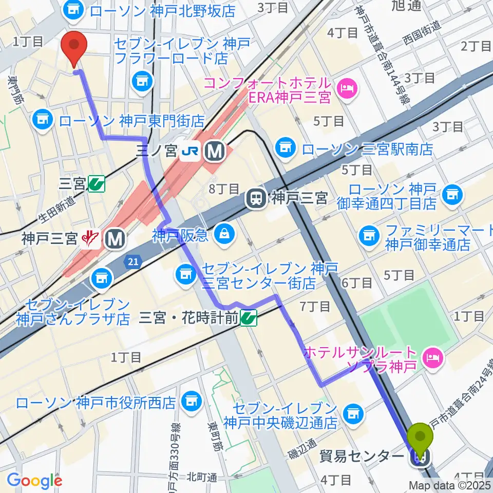 貿易センター駅から神戸DAY by DAYへのルートマップ地図