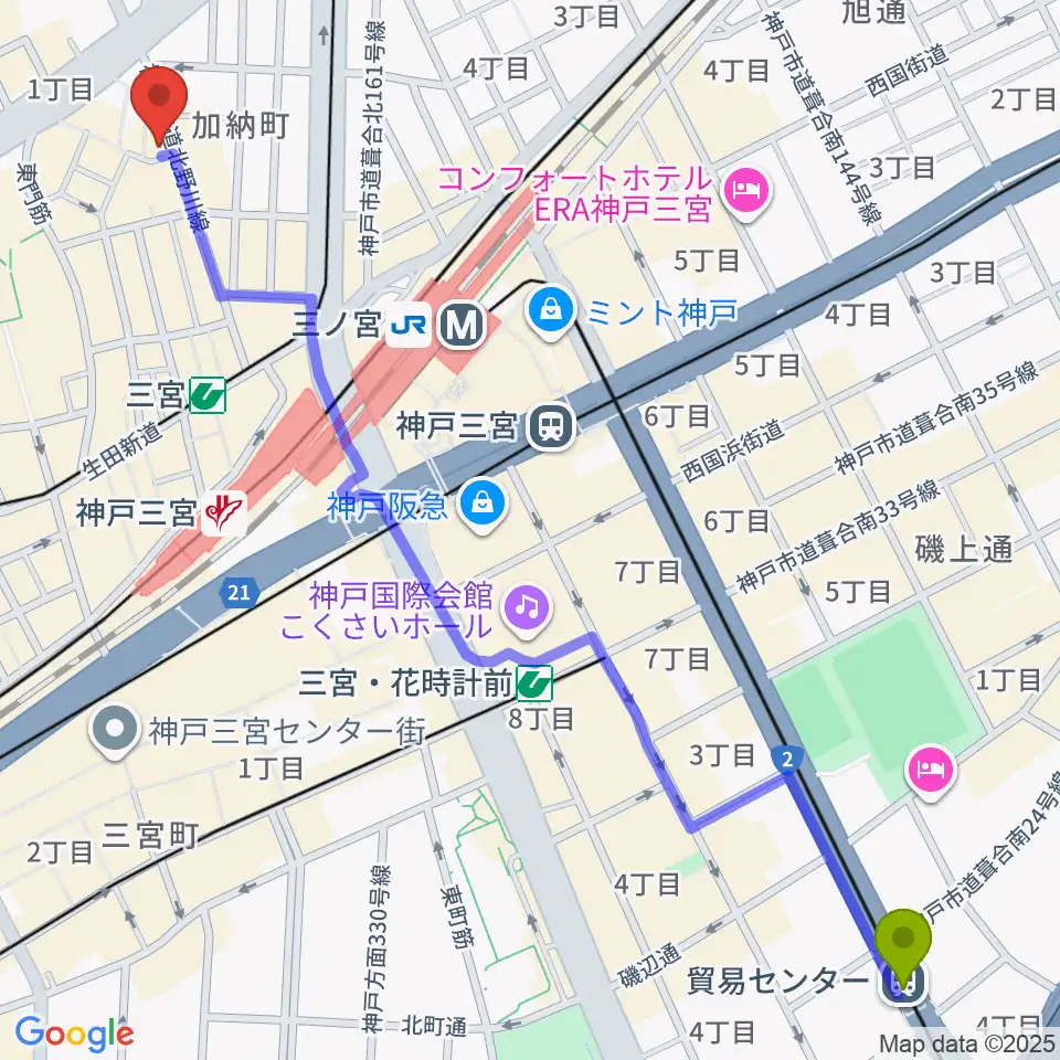 貿易センター駅から神戸DAY by DAYへのルートマップ地図