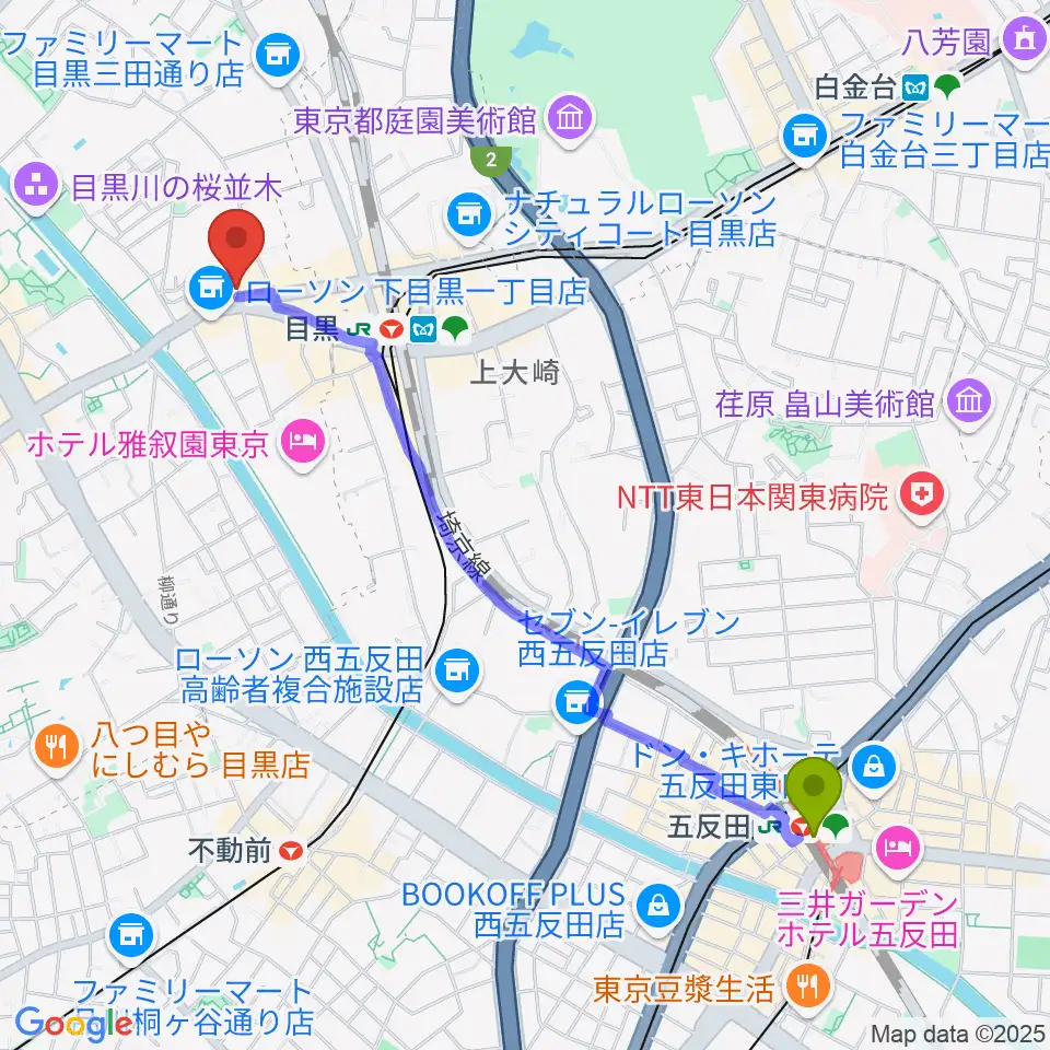 五反田駅から目黒リトルテキサスへのルートマップ地図