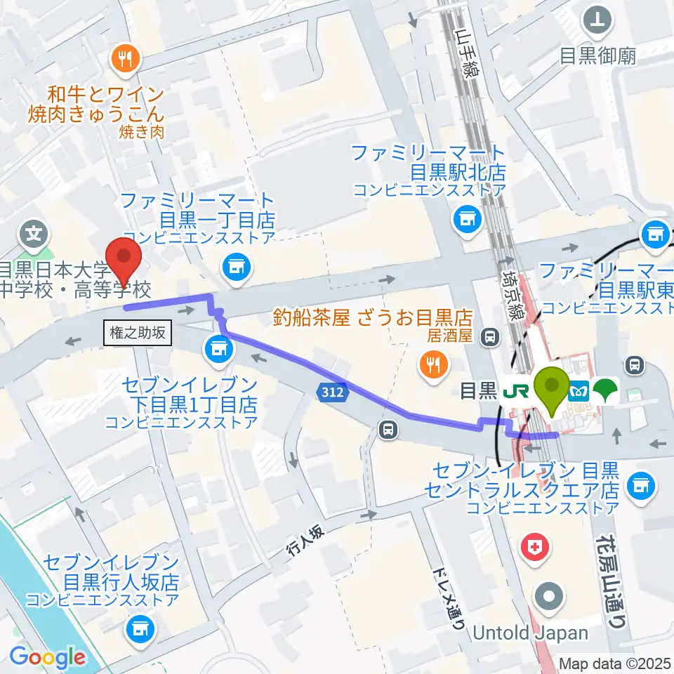 目黒リトルテキサスの最寄駅目黒駅からの徒歩ルート（約5分）地図