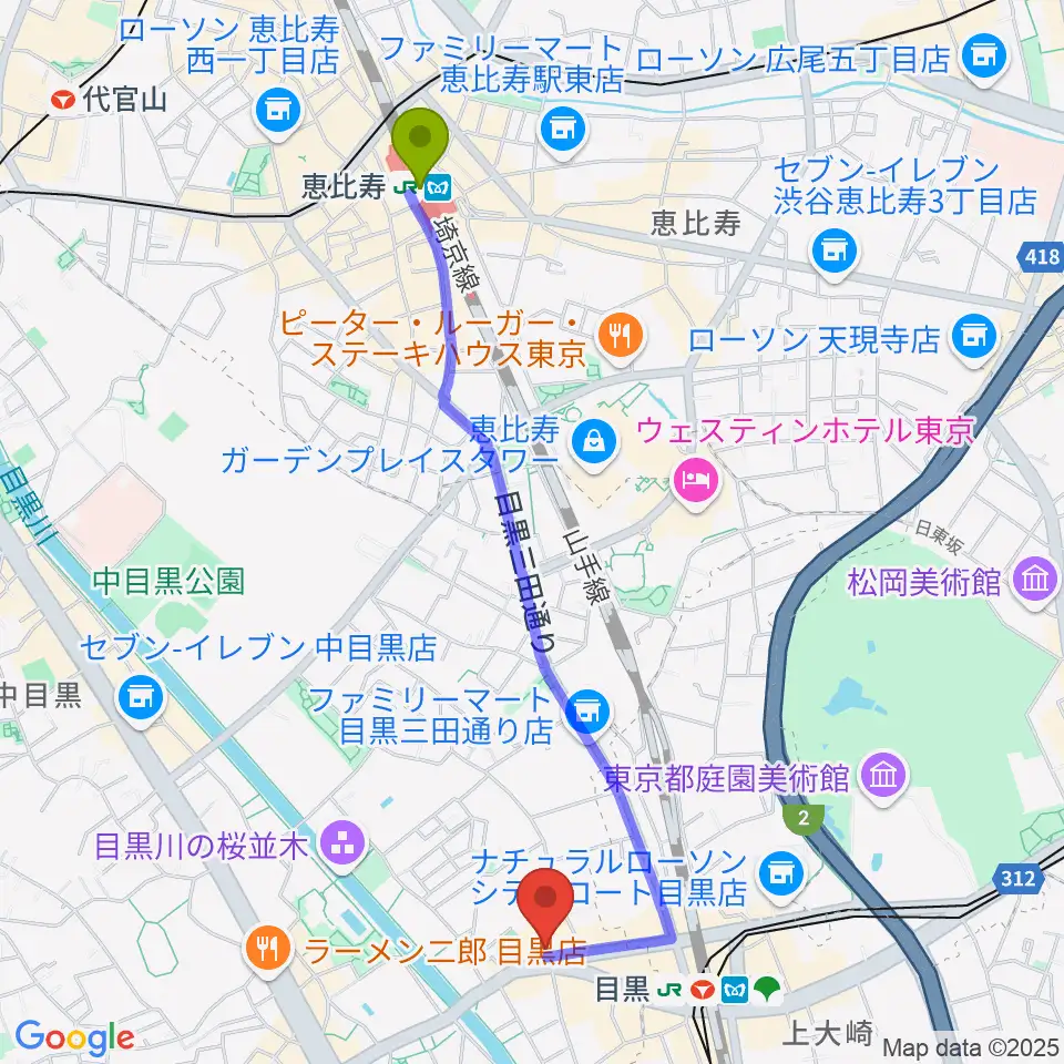 恵比寿駅から目黒リトルテキサスへのルートマップ地図