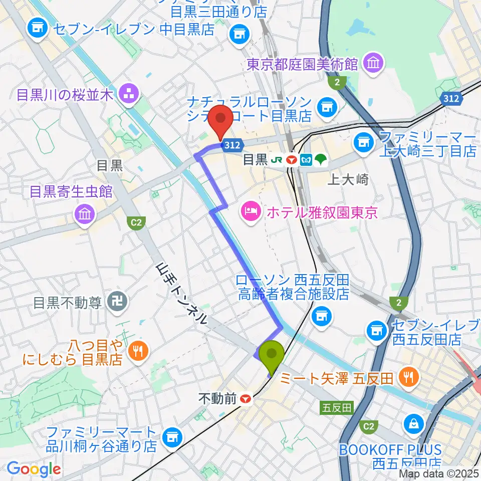 不動前駅から目黒リトルテキサスへのルートマップ地図
