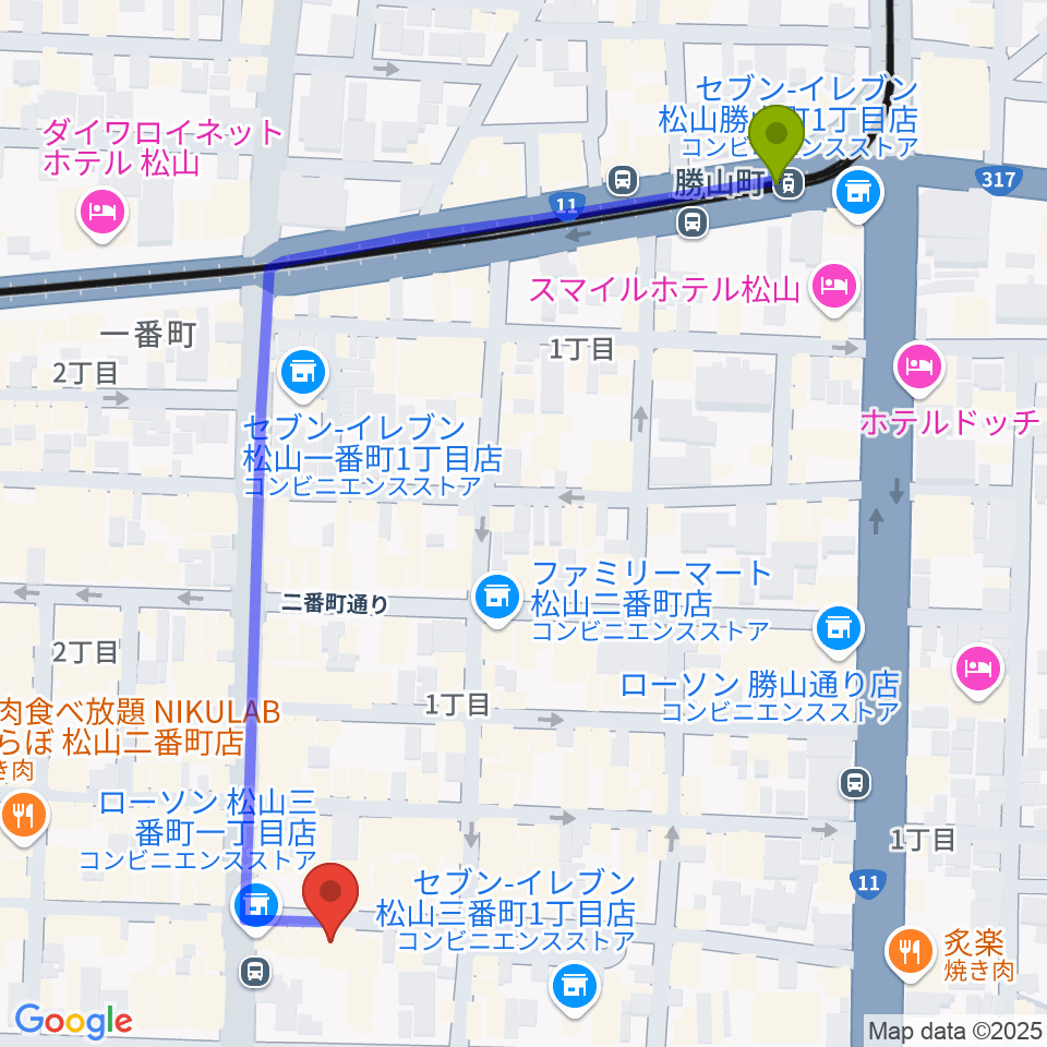 勝山町駅から松山MONKへのルートマップ地図