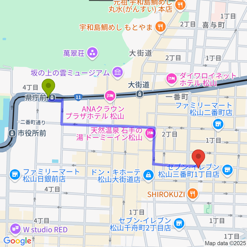 県庁前駅から松山MONKへのルートマップ地図