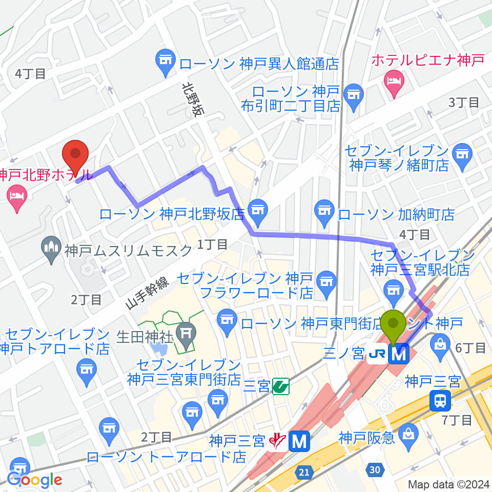 神戸北野ハッピーローラの最寄駅三ノ宮駅からの徒歩ルート（約12分）地図