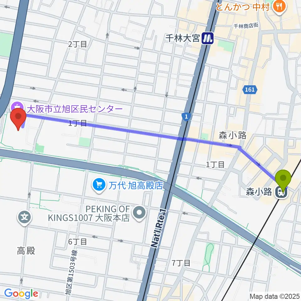 森小路駅から大阪市立旭区民センターへのルートマップ地図