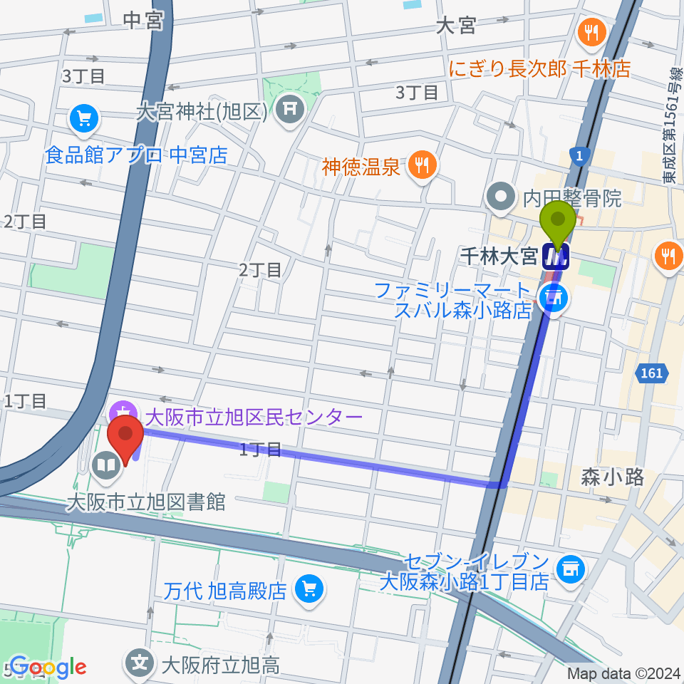 大阪市立旭区民センターの最寄駅千林大宮駅からの徒歩ルート（約11分）地図