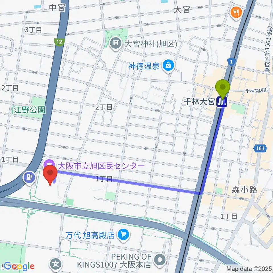 大阪市立旭区民センターの最寄駅千林大宮駅からの徒歩ルート（約11分）地図