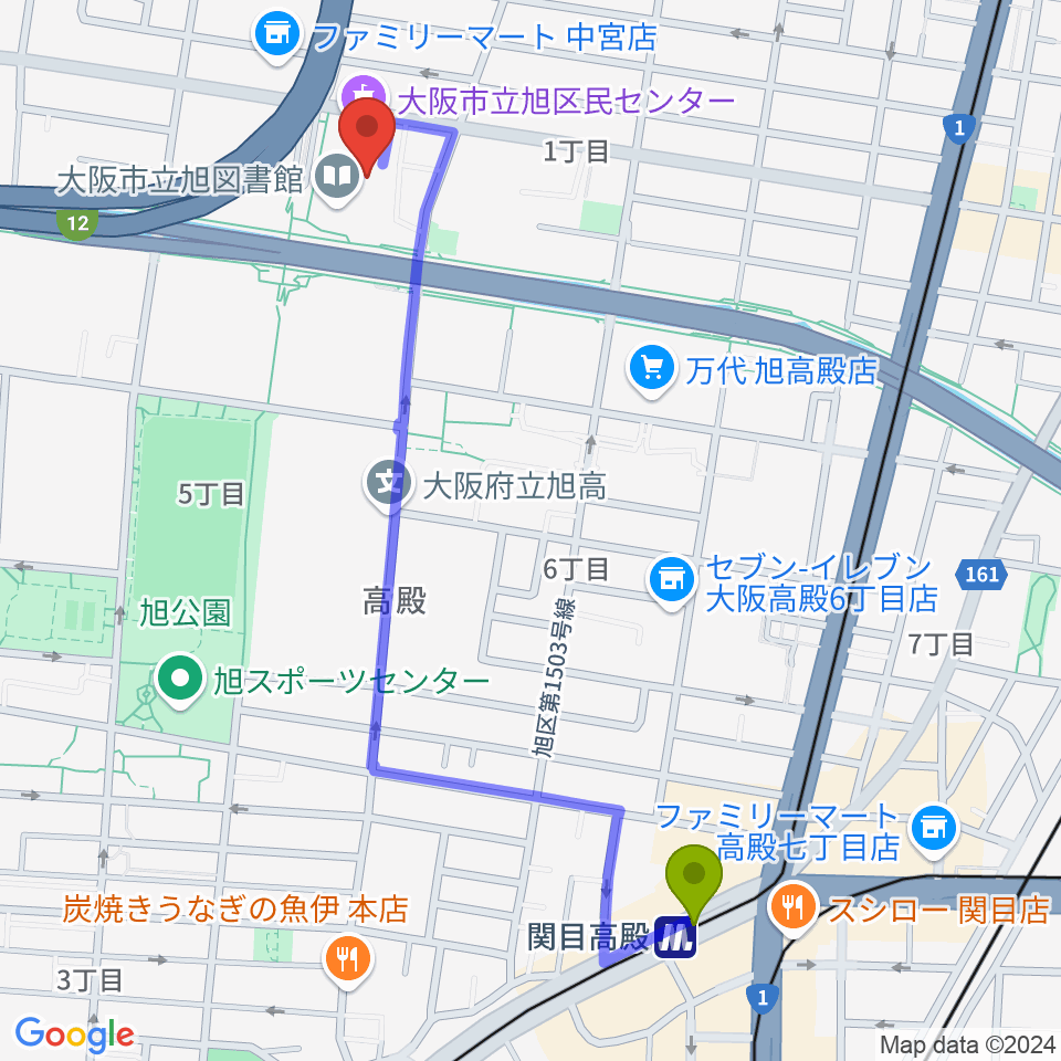 関目高殿駅から大阪市立旭区民センターへのルートマップ地図