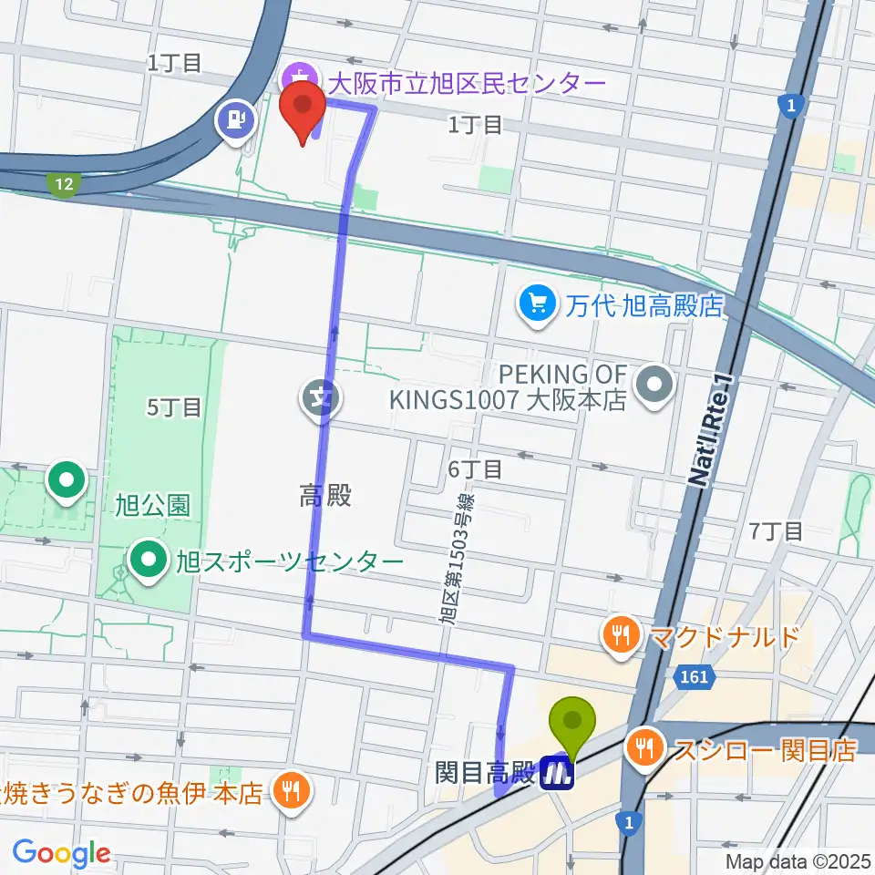 関目高殿駅から大阪市立旭区民センターへのルートマップ地図