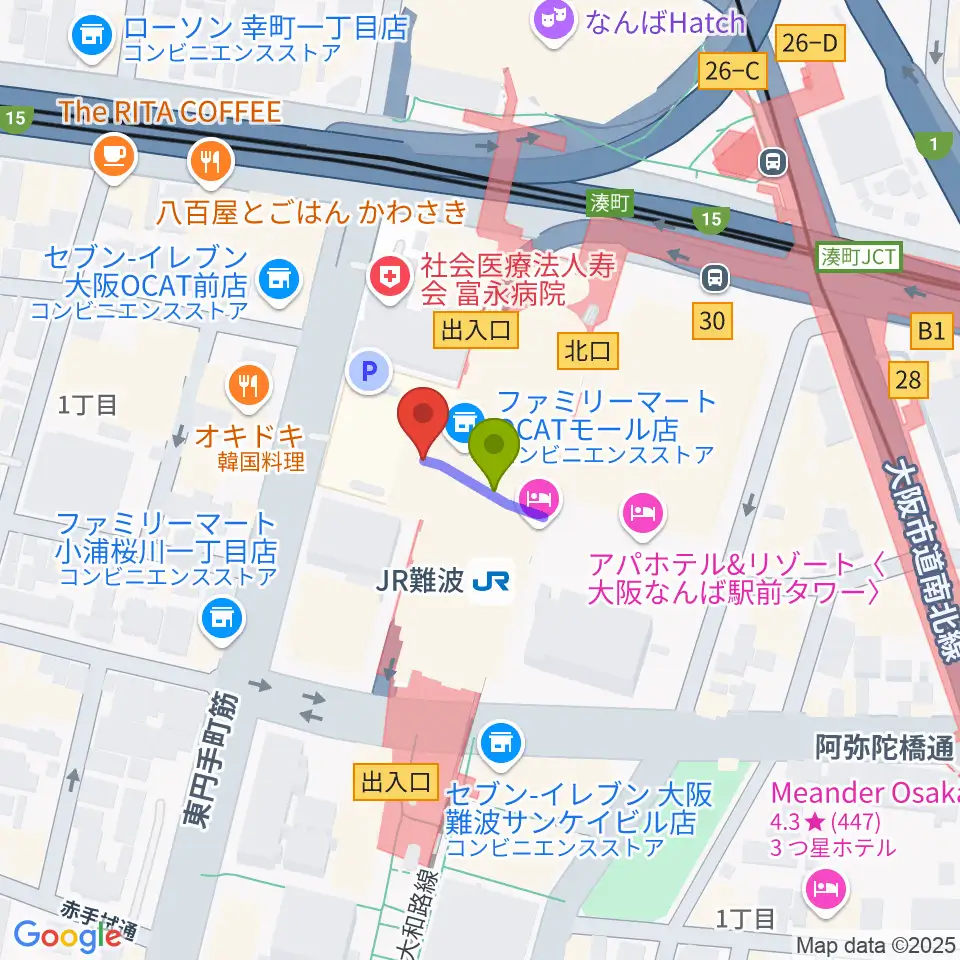 難波市民学習センターの最寄駅ＪＲ難波駅からの徒歩ルート（約1分）地図