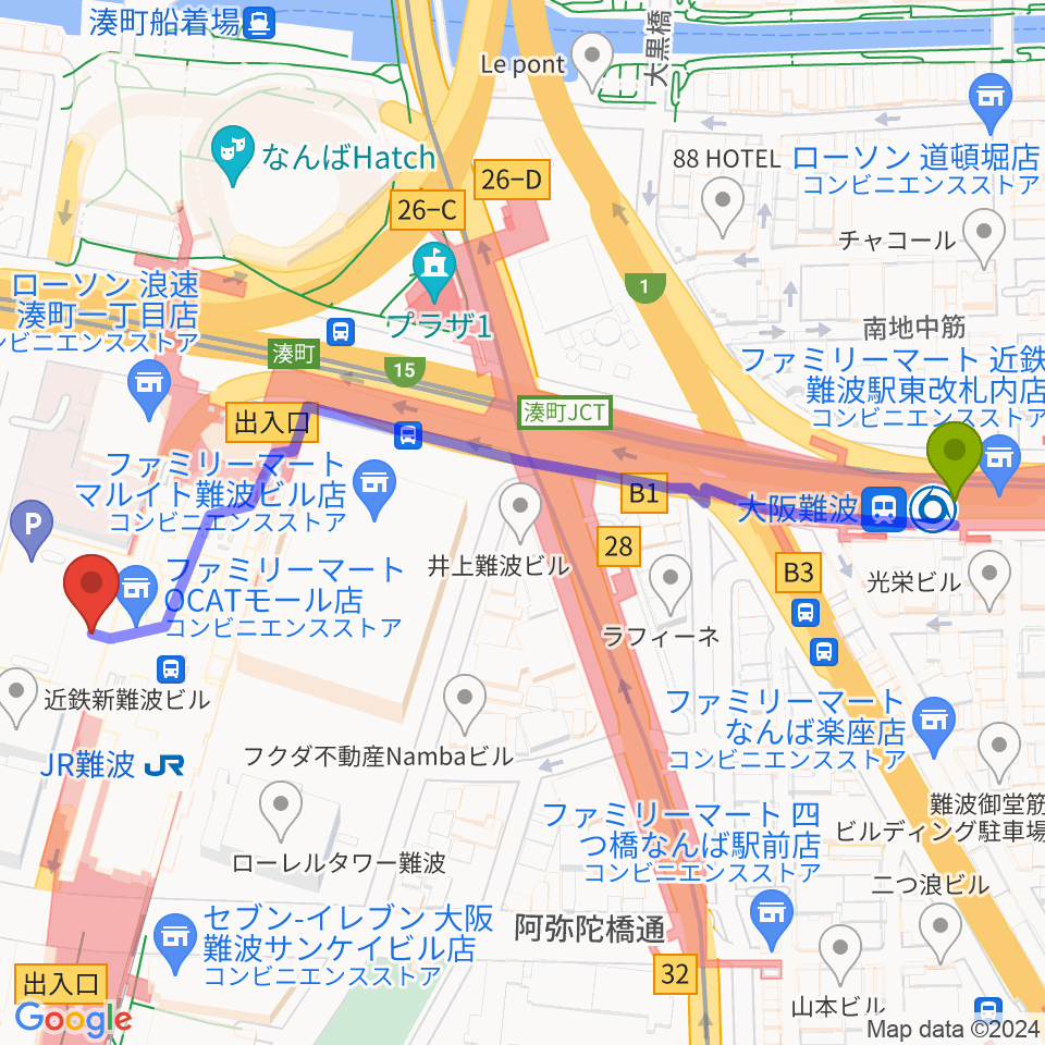 大阪難波駅から難波市民学習センターへのルートマップ地図