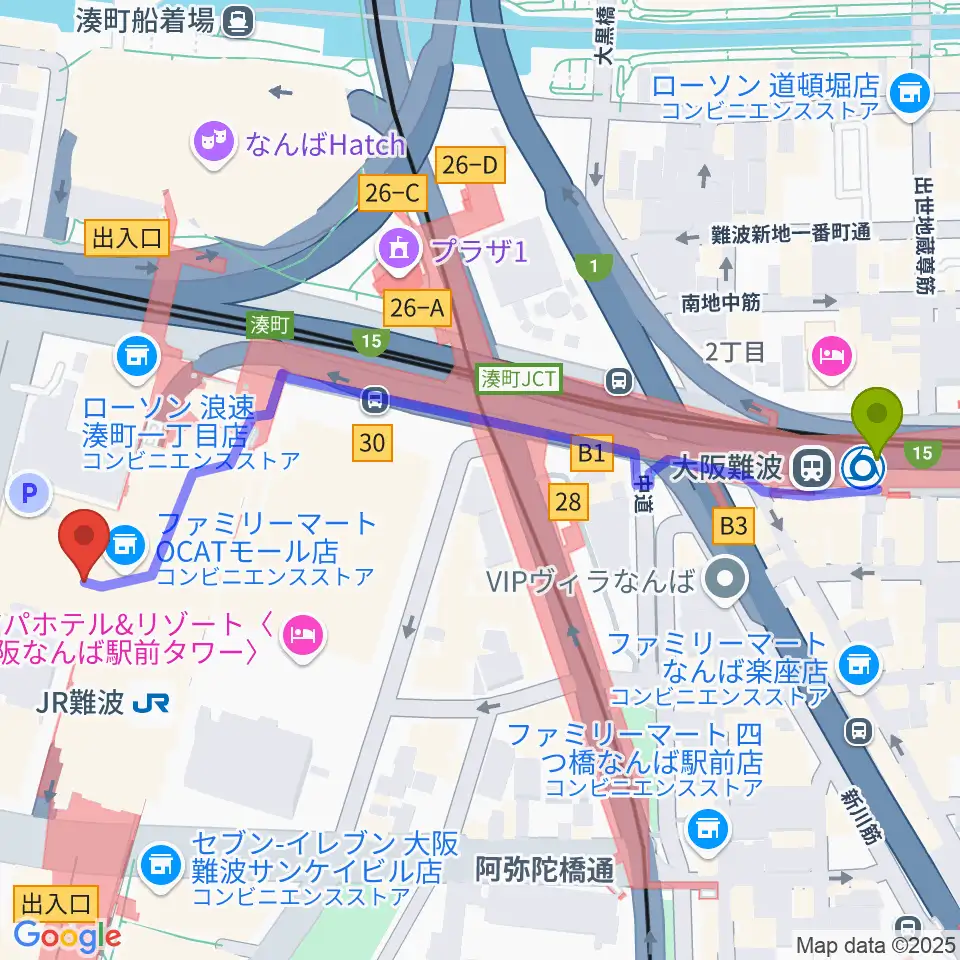 大阪難波駅から難波市民学習センターへのルートマップ地図