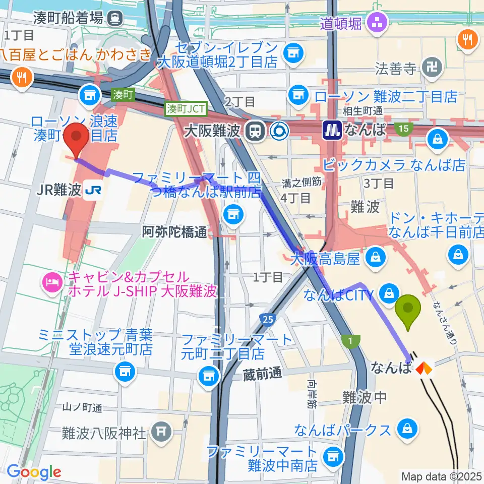 難波駅から難波市民学習センターへのルートマップ地図