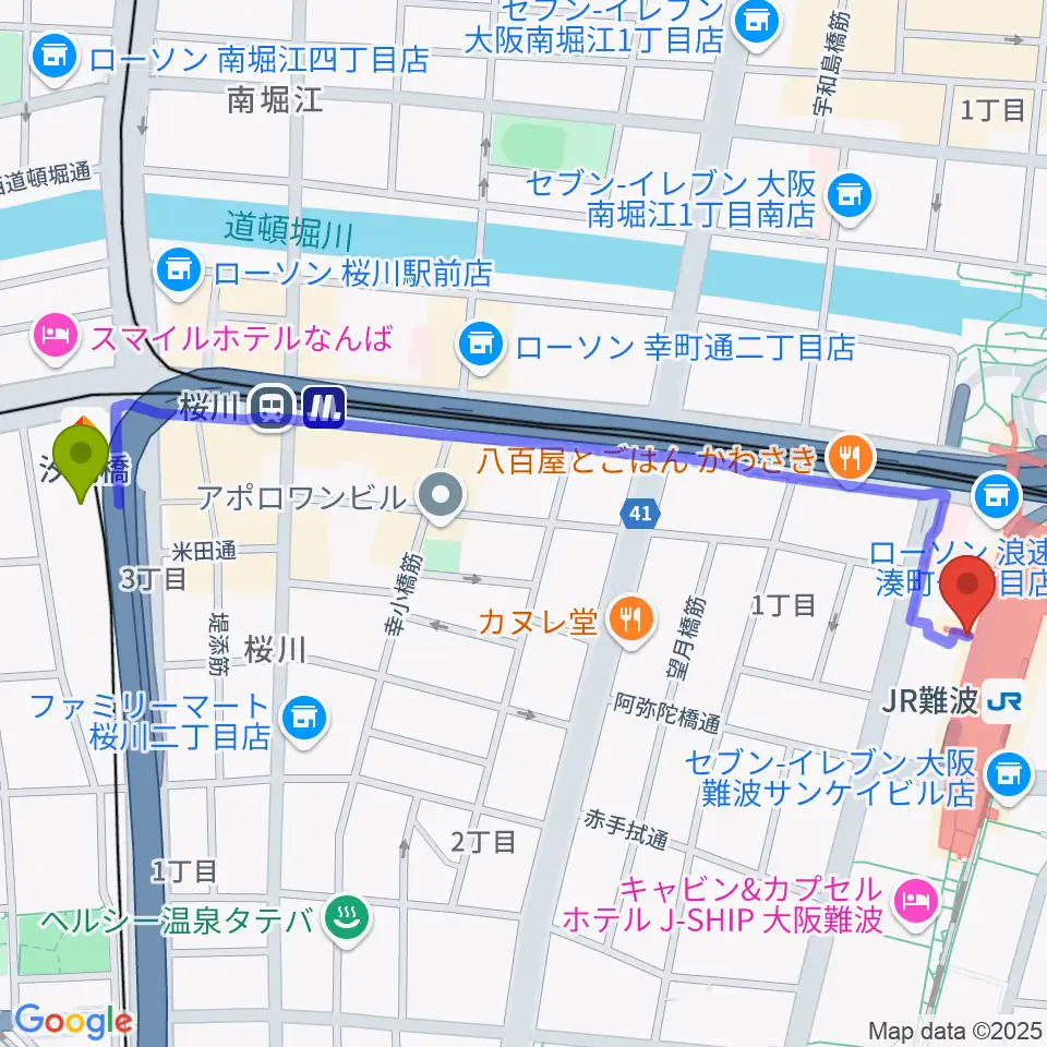 汐見橋駅から難波市民学習センターへのルートマップ地図