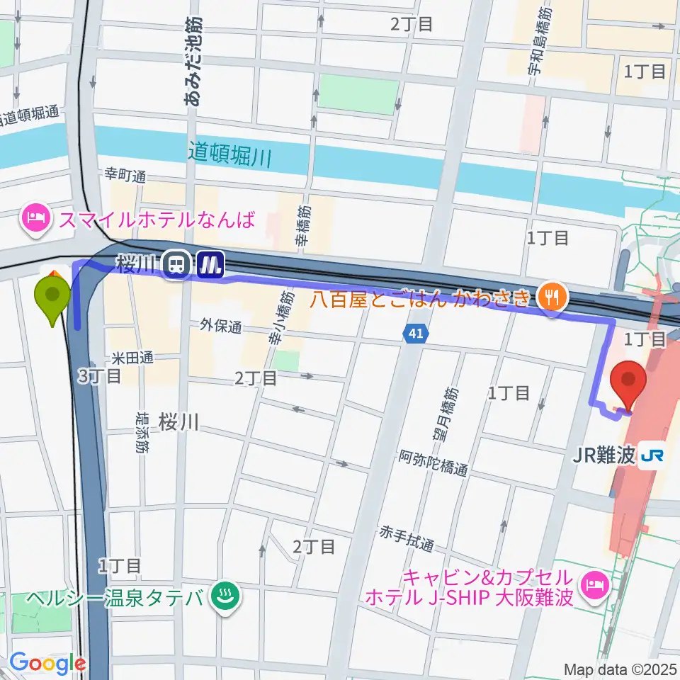 汐見橋駅から難波市民学習センターへのルートマップ地図