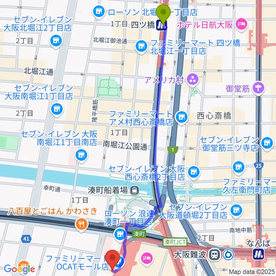 四ツ橋駅から難波市民学習センターへのルートマップ地図