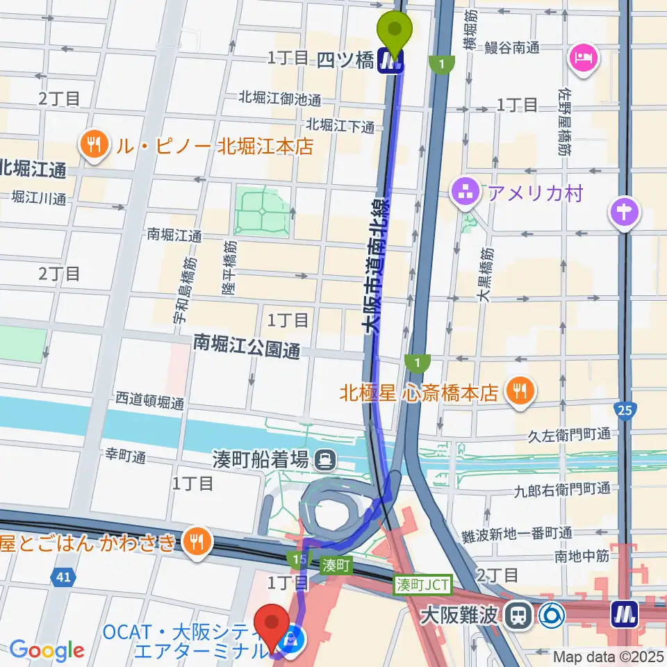 四ツ橋駅から難波市民学習センターへのルートマップ地図