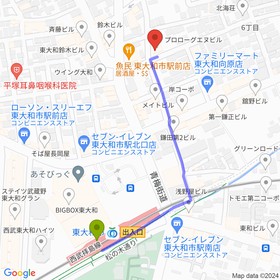 Cafebar COOの最寄駅東大和市駅からの徒歩ルート（約5分）地図