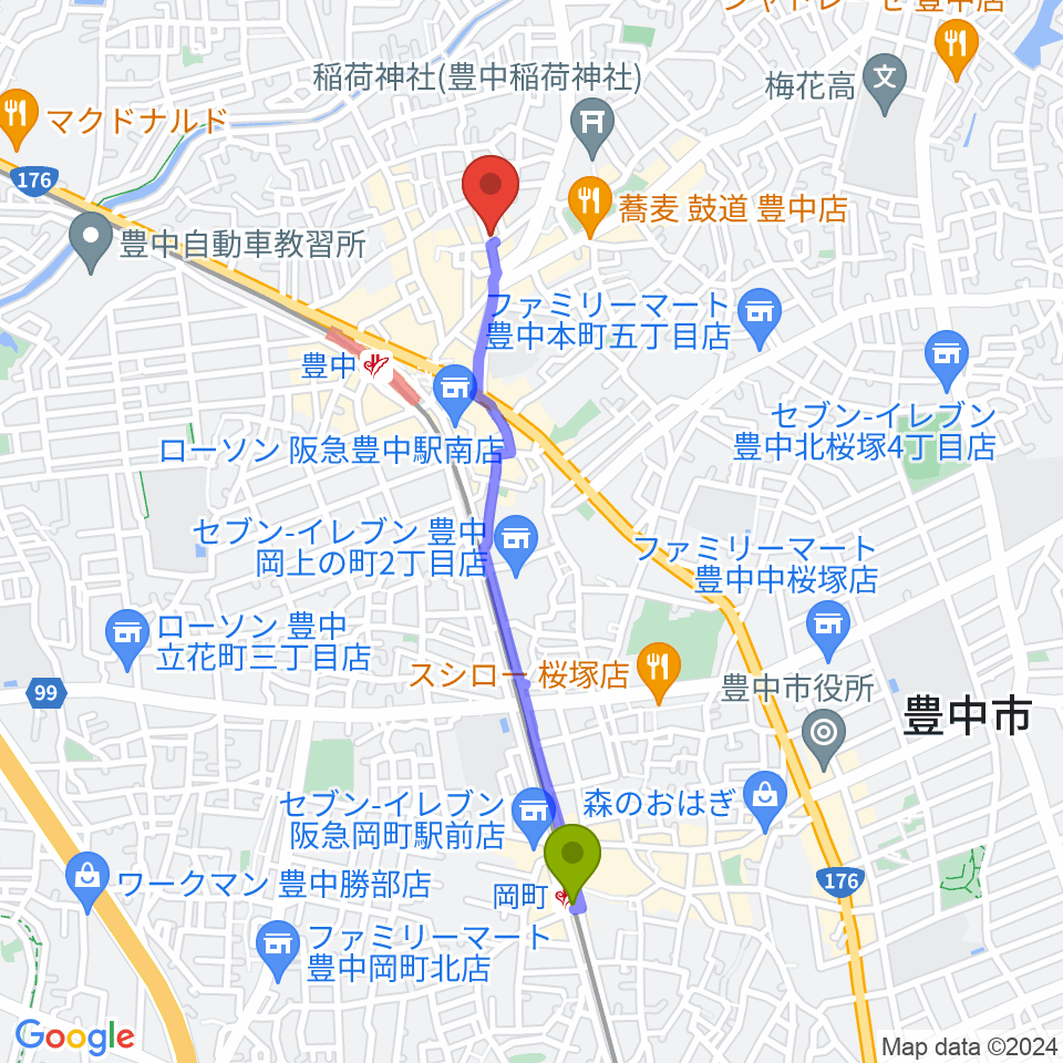 岡町駅から我巣灯へのルートマップ地図