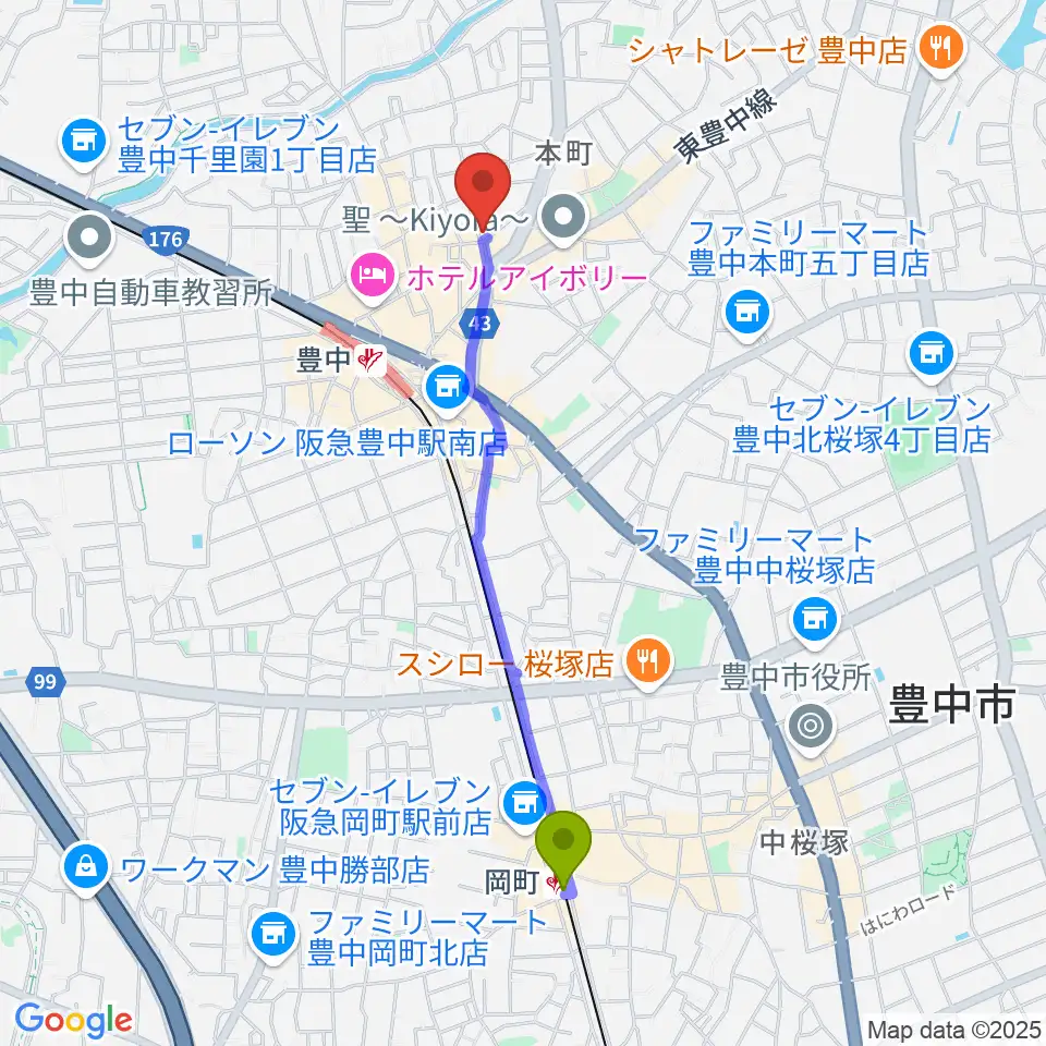 岡町駅から我巣灯へのルートマップ地図