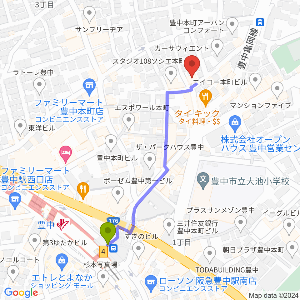 我巣灯の最寄駅豊中駅からの徒歩ルート（約5分）地図