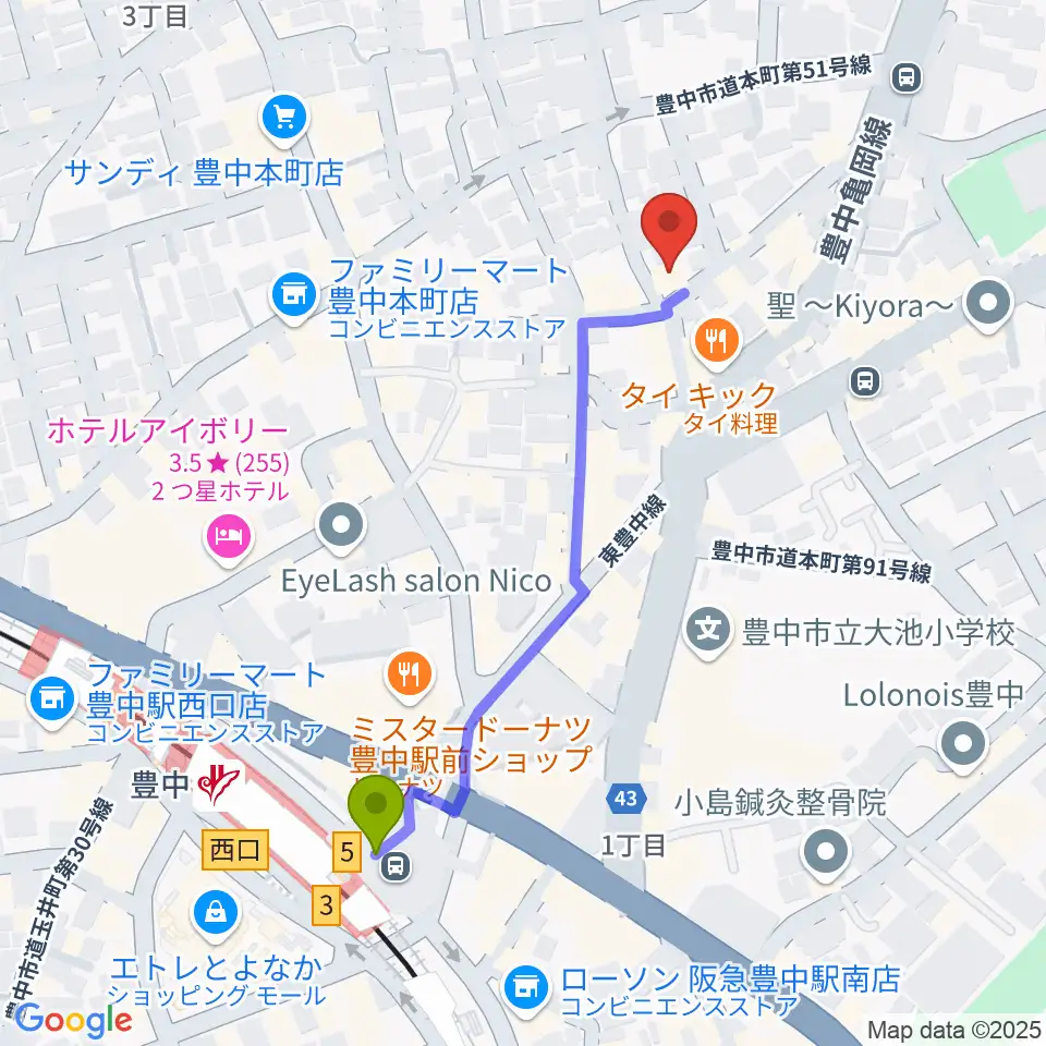 我巣灯の最寄駅豊中駅からの徒歩ルート（約5分）地図