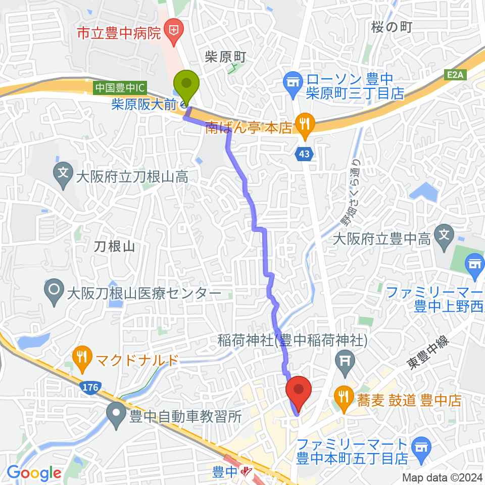 柴原阪大前駅から我巣灯へのルートマップ地図