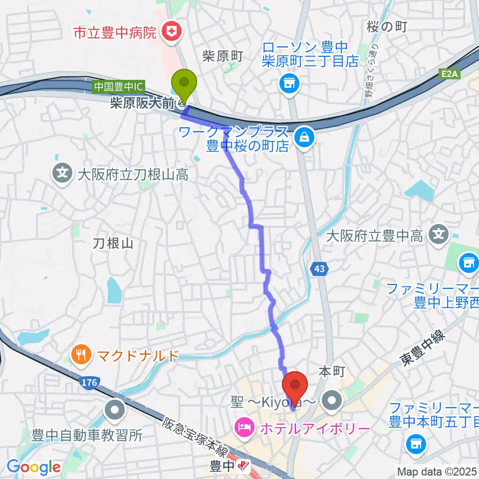 柴原阪大前駅から我巣灯へのルートマップ地図