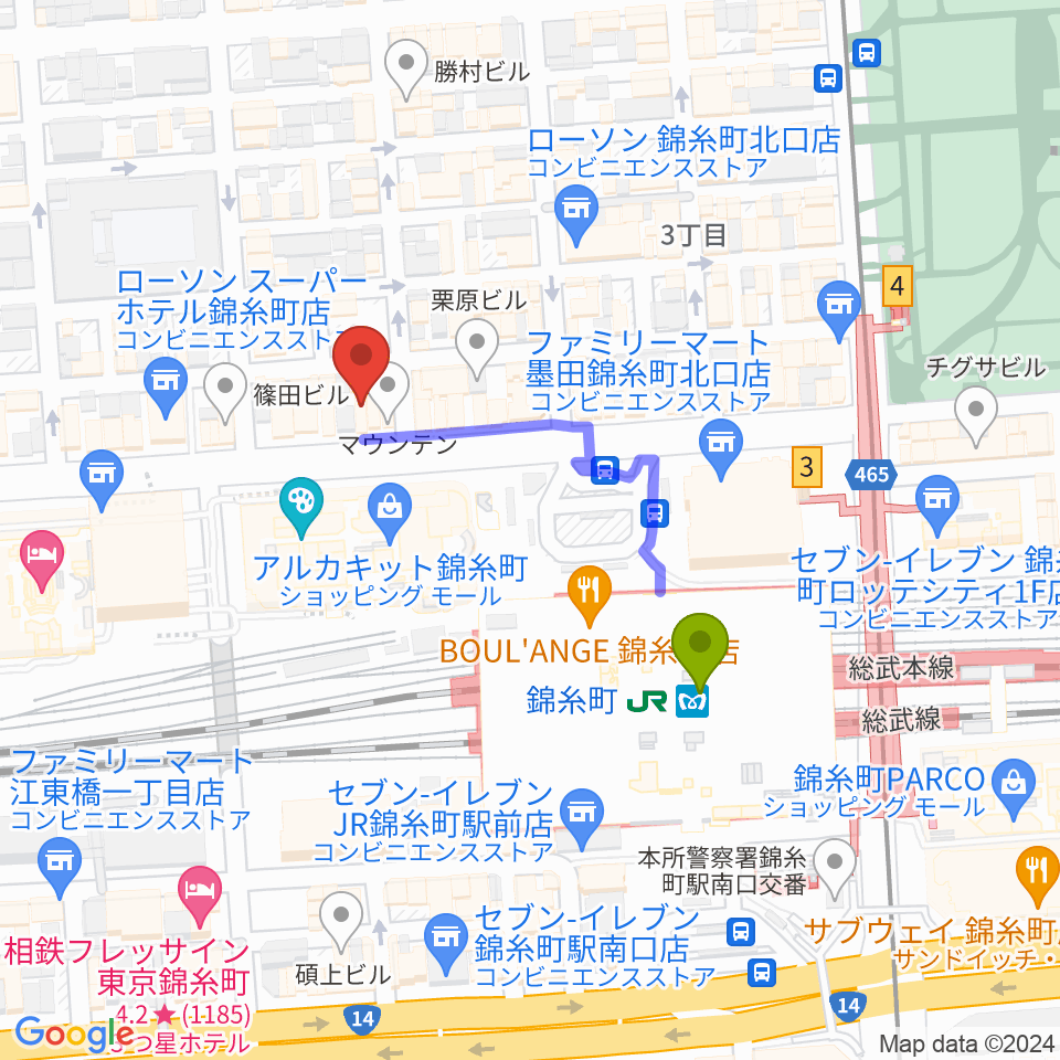 錦糸町アーリーバードの最寄駅錦糸町駅からの徒歩ルート（約3分）地図