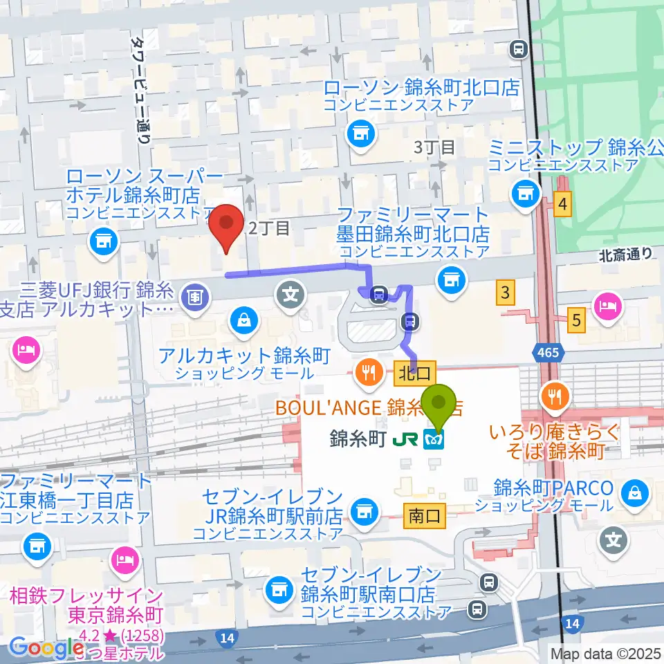 錦糸町アーリーバードの最寄駅錦糸町駅からの徒歩ルート（約3分）地図