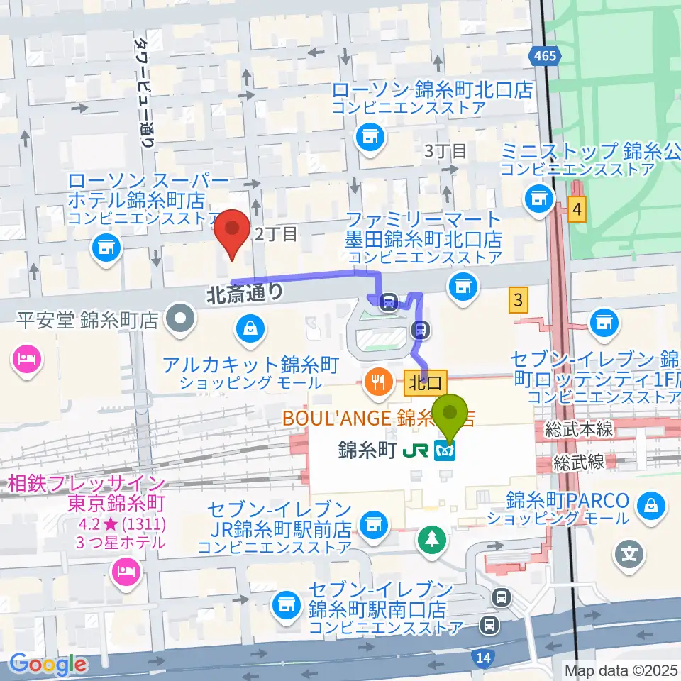 錦糸町アーリーバードの最寄駅錦糸町駅からの徒歩ルート（約3分）地図