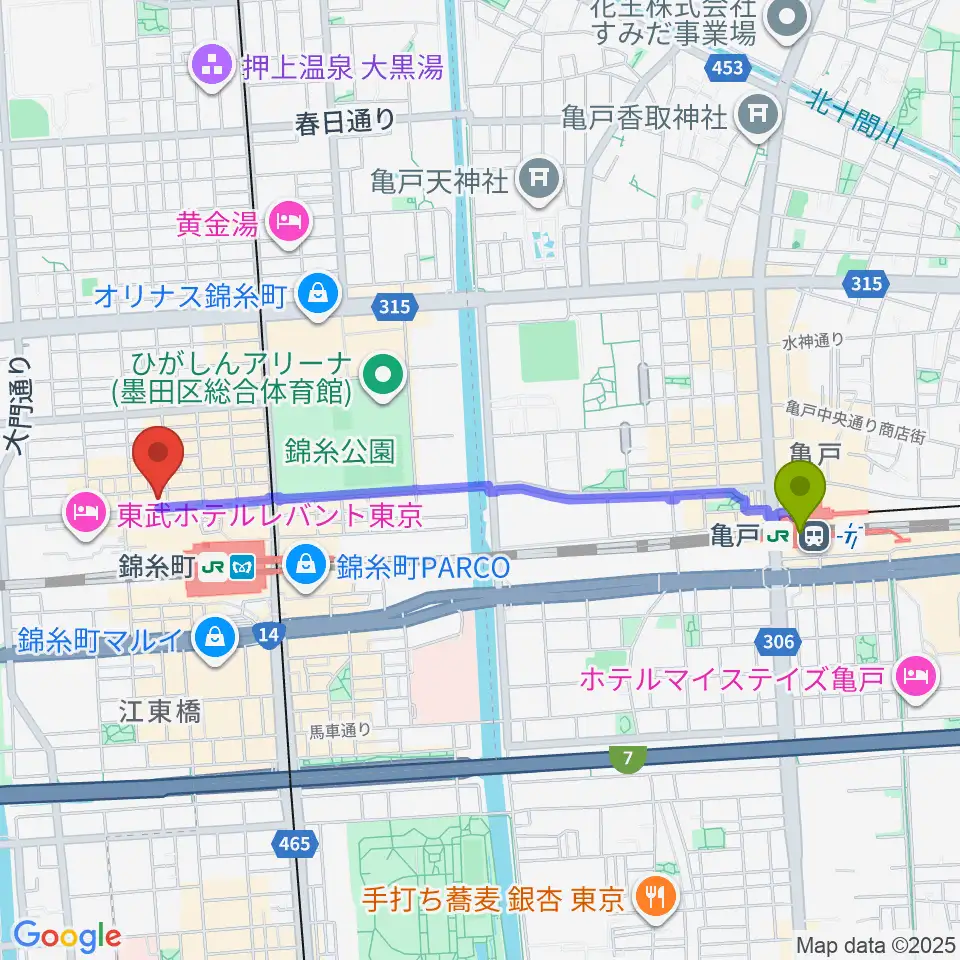 亀戸駅から錦糸町アーリーバードへのルートマップ地図
