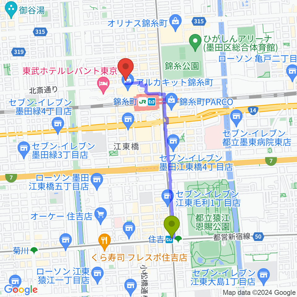 住吉駅から錦糸町アーリーバードへのルートマップ地図