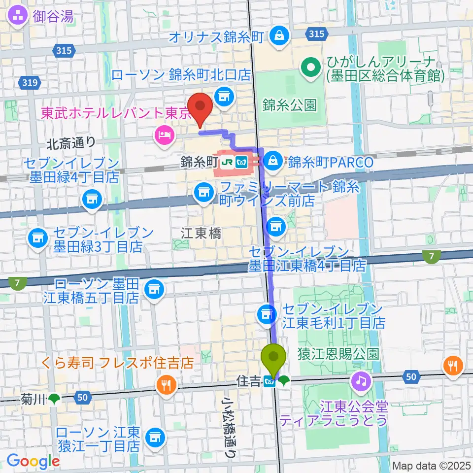 住吉駅から錦糸町アーリーバードへのルートマップ地図