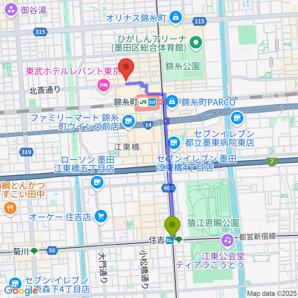 住吉駅から錦糸町アーリーバードへのルートマップ地図