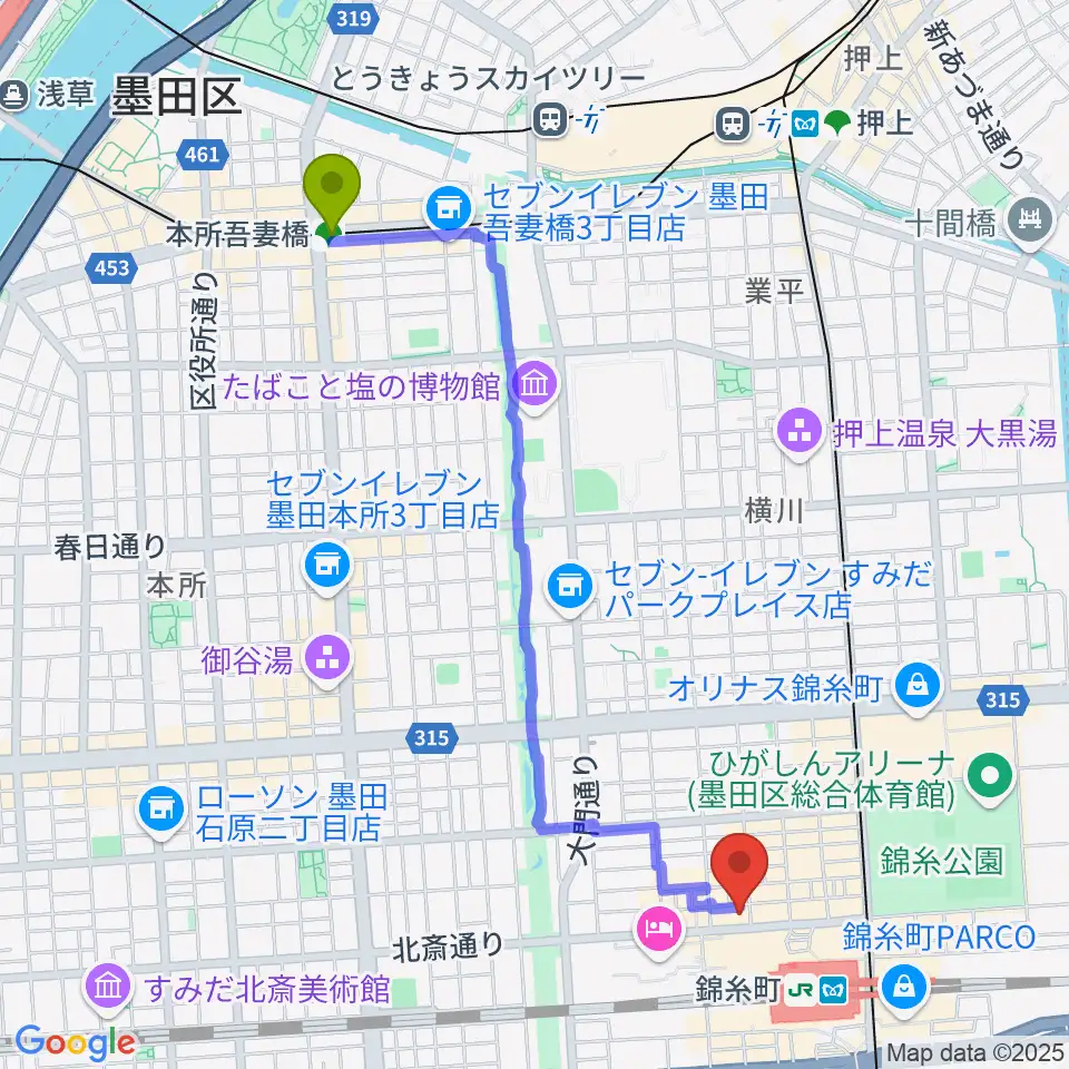 本所吾妻橋駅から錦糸町アーリーバードへのルートマップ地図