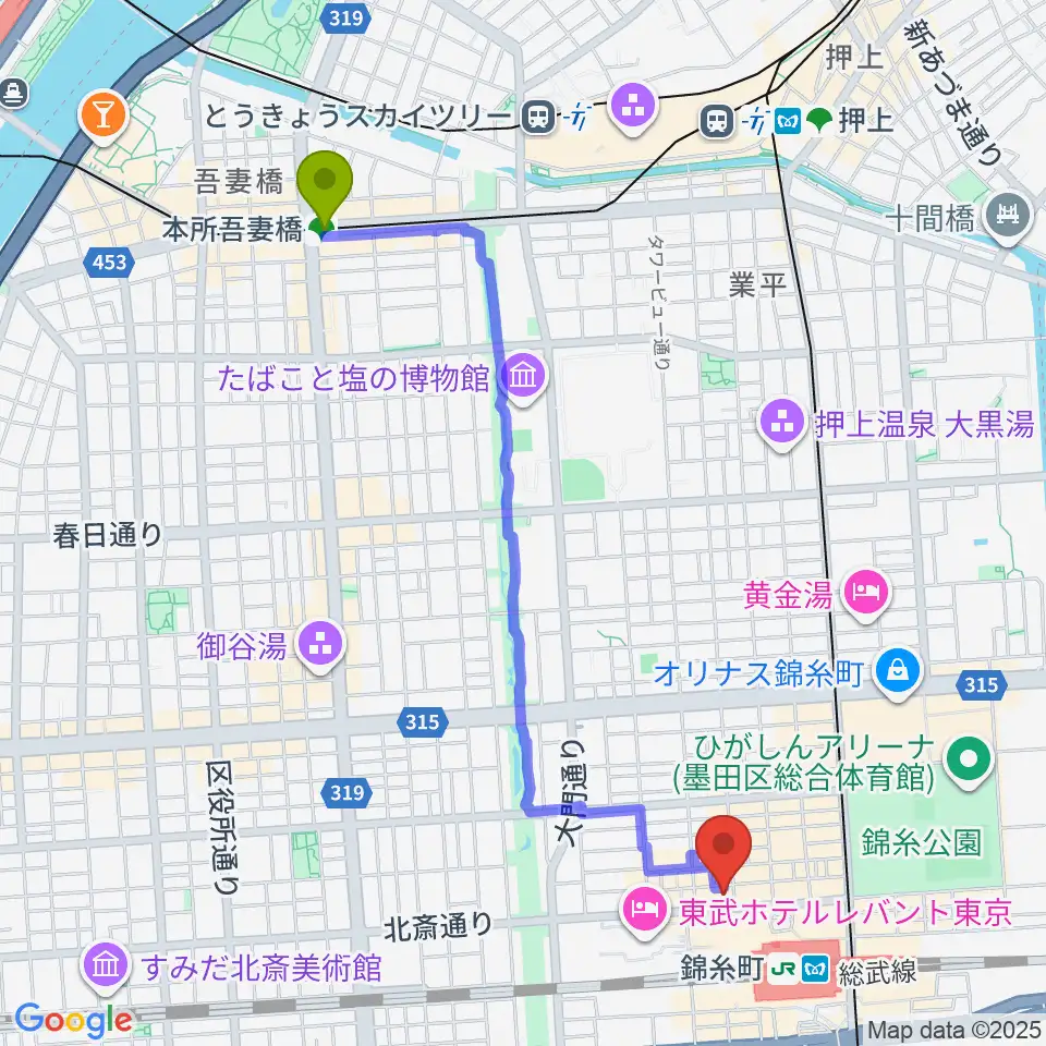 本所吾妻橋駅から錦糸町アーリーバードへのルートマップ地図