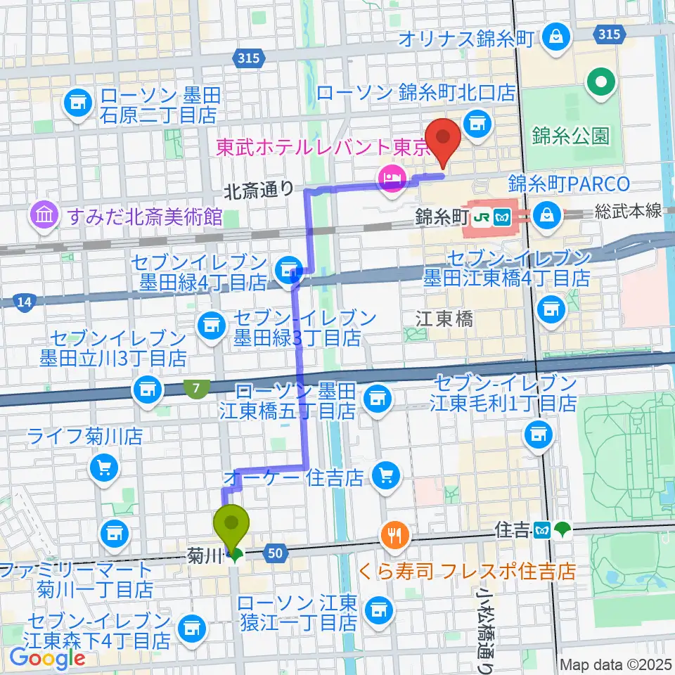 菊川駅から錦糸町アーリーバードへのルートマップ地図