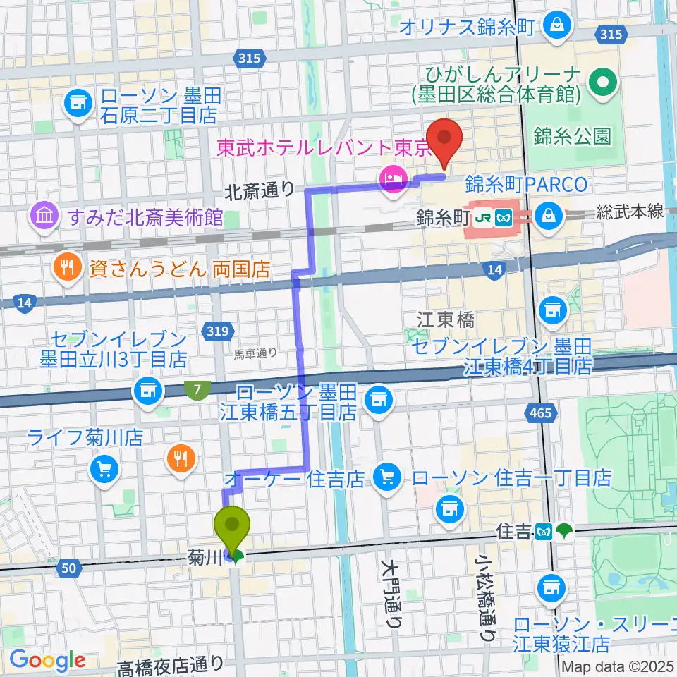 菊川駅から錦糸町アーリーバードへのルートマップ地図