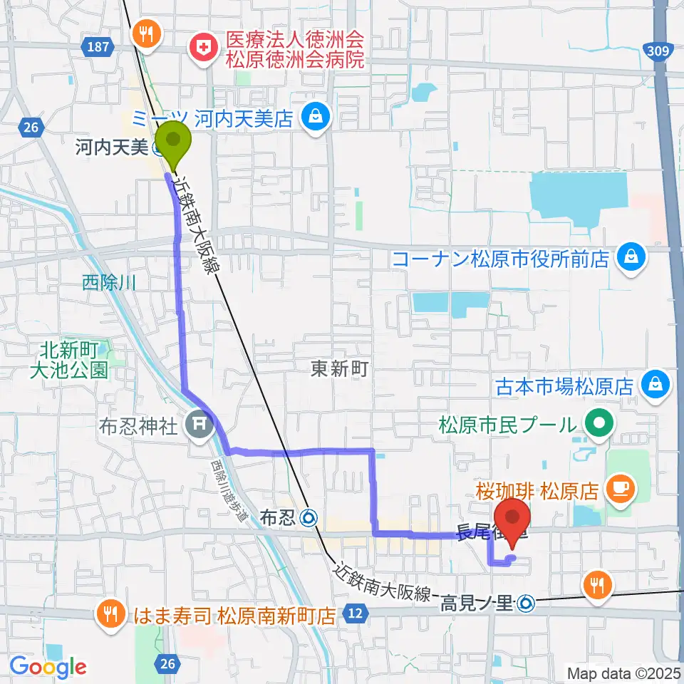 河内天美駅からキーススタジオへのルートマップ地図