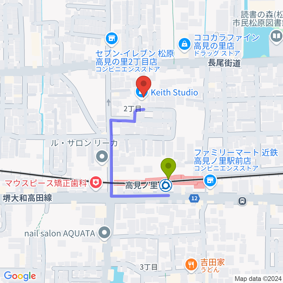 キーススタジオの最寄駅高見ノ里駅からの徒歩ルート（約2分）地図