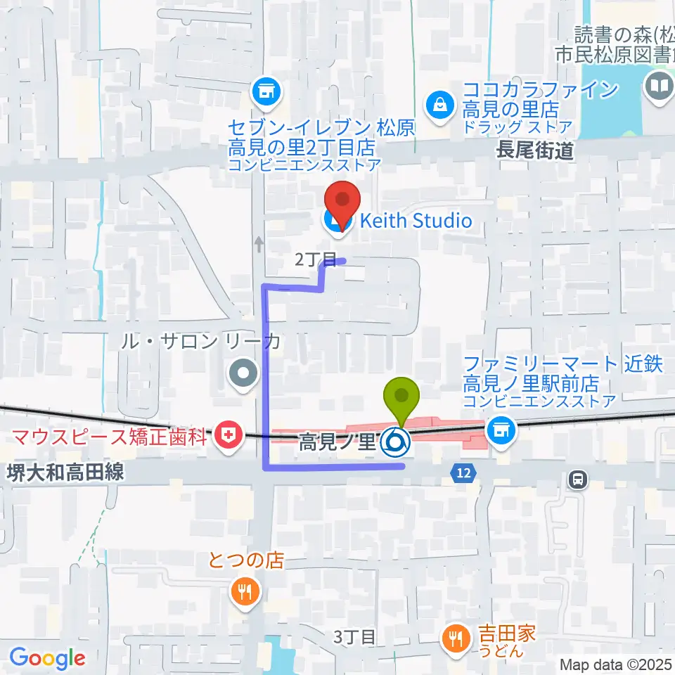 キーススタジオの最寄駅高見ノ里駅からの徒歩ルート（約2分）地図