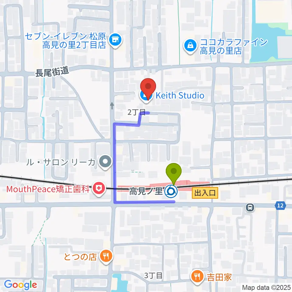 キーススタジオの最寄駅高見ノ里駅からの徒歩ルート（約2分）地図