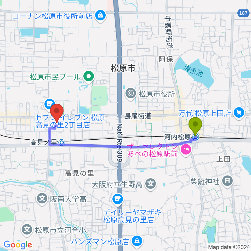 河内松原駅からキーススタジオへのルートマップ地図