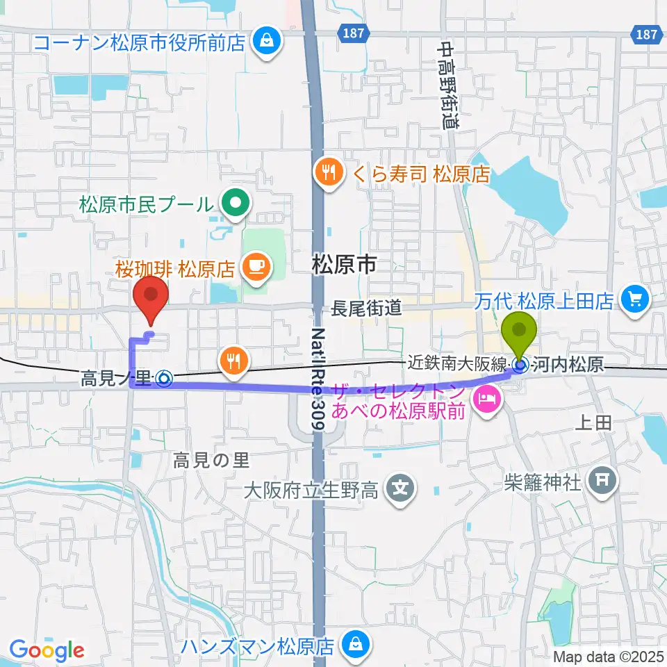 河内松原駅からキーススタジオへのルートマップ地図