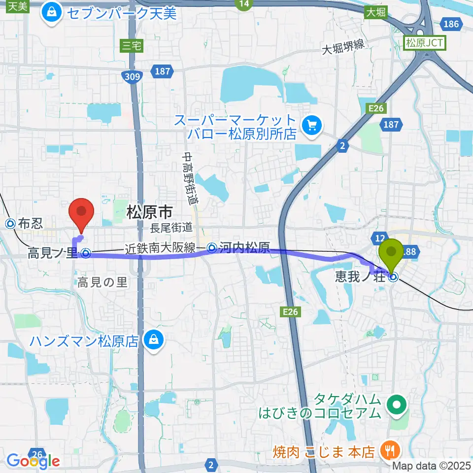 恵我ノ荘駅からキーススタジオへのルートマップ地図