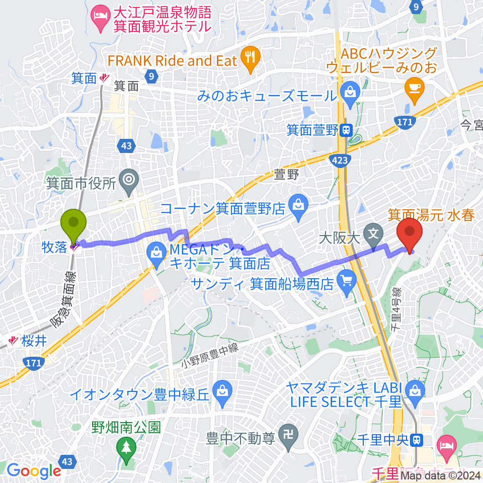 牧落駅からBb箕面船場店へのルートマップ地図